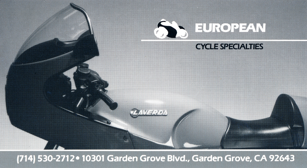 Euro Cycle Specialties garage studio shot Laverda RGS Cycle News Ad